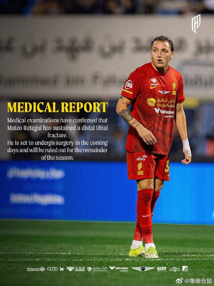 沙特联赛前锋雷特吉重伤赛季报销，28场16球创纪